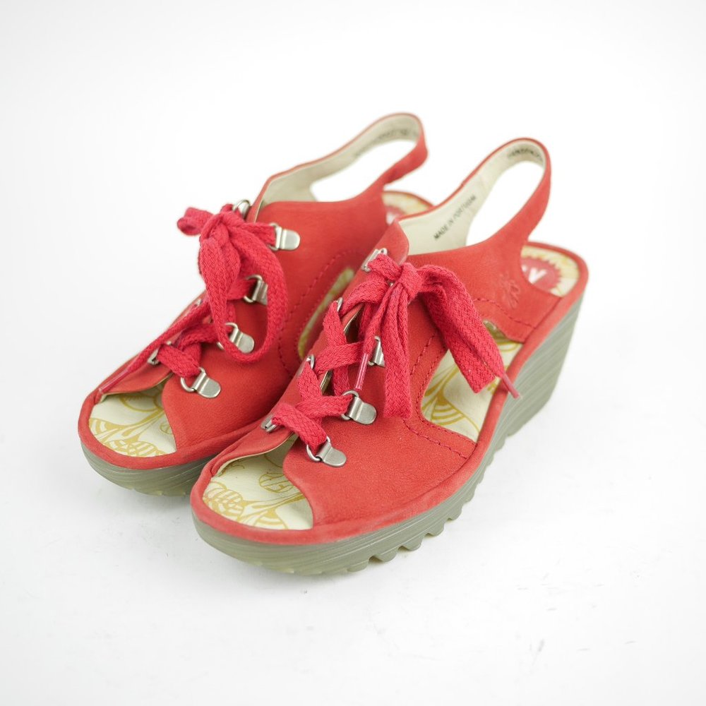 FLY LONDON Red leather wedge sandals heel open toe